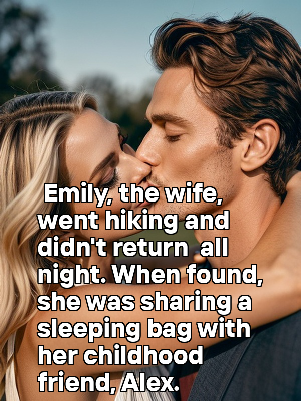 Emily, the wife, went hiking and didn't return all night. When found, she was sharing a sleeping bag with her childhood friend, Alex.