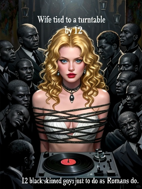 Wife tied to a turntable by 12 black-skinned guys just to do as Romans do.
